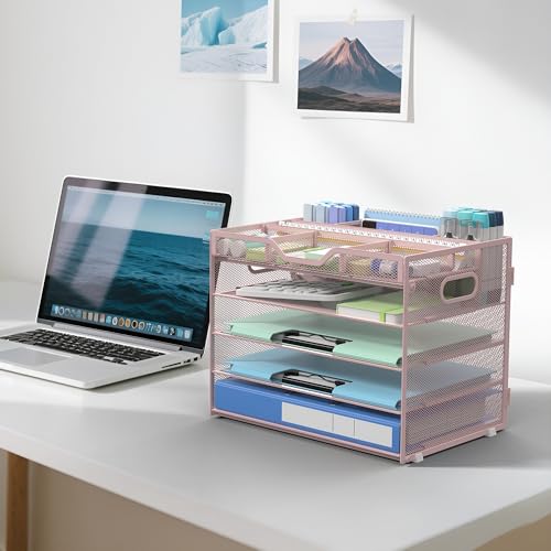 Docnest 5 Tier Mesh Desk Organizer- Letter Tray with Adjustable Compartments, Mesh Desktop Storage Built in Pen Holder and Handles, Desk Organizer Tray for Mail Documents Office Supplies–Pink - color: Pink