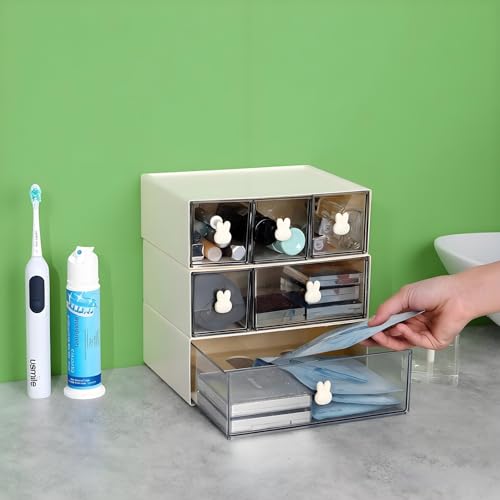 Desktop Storage Drawers, Plastic Desk Organizer with 6 Drawers, Modular Stackable Toolbox Units for Office Stationary, Makeup Container, Bathroom Countertop (3 Tiers, Cream & Clear) - color: 3 Tall Layers & 6 Drawers, Cream & Clear