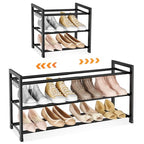 LANTEFUL Adjustable 18"-33" Expandable Shoe Rack for Closet 12 Pairs Small Spaces 3 Tier Shoe Organizer with 5 Hooks Metal Shoe Shelf for Entryway, Bedroom
