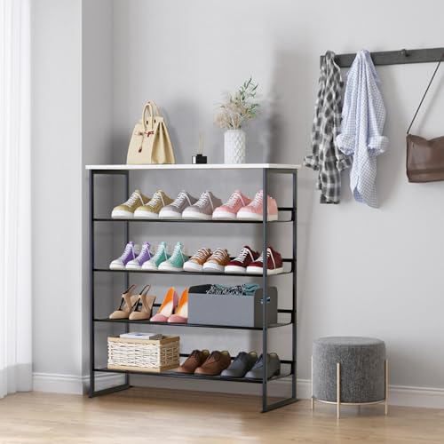 Garden 4 you Shoe Rack for Entryway 5 Tiers 11.8" D x 29" W x 36.5" H, Metal Shoe Rocks with White Wooden Tabletop, Angled Shoes Rack with Adjustable Mesh Shelves for Entryway Hallway Closet - color: Marble White, size: 5-Tiers