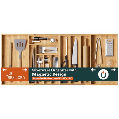 Silverware Organizer Large, Magnetic Connected Expandable 11 Slots Silverware Drawer Organizer From 21 to 37.4 Inches, Adjustable Flatware and Cutlery Holder, Bamboo Utensil Tray for Kitchen Natural - color: Natural, size: 11 Slots