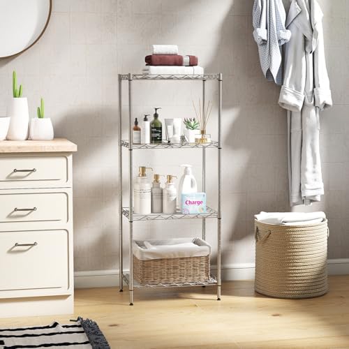 BestOffice | 4-Tier Wire Storage Shelves | 12"D x 18"W x 44"H | Chrome | with Adjustable Racks PP Liners | Compact Metal Shelf, Holds Upto 600 lbs | Ideal for Kitchens Closets Bathrooms Small Corners - color: Chrome, size: 12"D x 18"W x 44"H