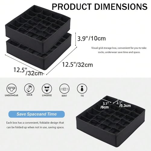 Socks Underwear Storage Box - 24 - Grid Foldable Drawer Organizer for Closet Space Saving, Black