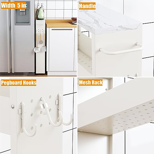 XYZLVSI Slim Storage Cart, 5 in Width, 4-Tier White Rolling Cart with Handle & Wooden Top for Kitchen Bathroom Laundry Narrow Places - size: 5.1IN-White