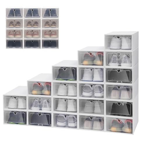 20-Pack Stackable Clear Shoe Storage Boxes, Foldable Shoe Organizer with Flip Doors & Heart Handles, Space-Saving Shoe Box Storage for Closet, Easy Access, Fits Up to US Size 10/9