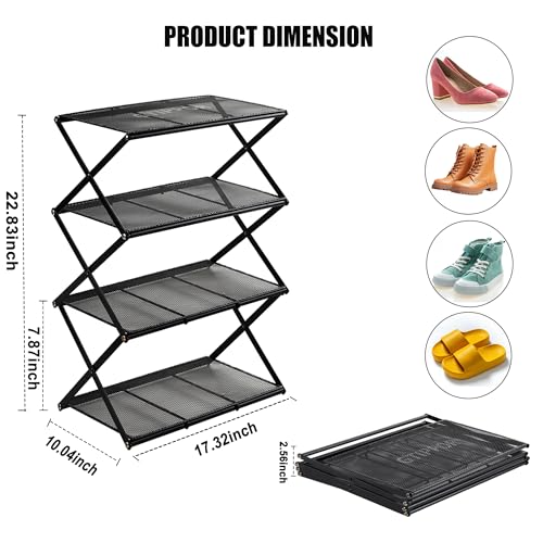 Shoe Rack for Entryway 4 Tier Foldable Shoe Rack Without Assembly Collapsible Metal Shoe Organizer Folding Shoe Storage Rack for Door, Living Room, Black - color: X Shape(black), size: 4 Tier