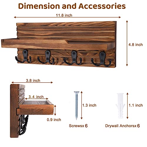 Decorative Key Hanging Rack with 4 Double Hooks – Easy Install Natural Wooden Key and Mail Holder for Wall Mount – Entryway Decor Rack with Shelf (Brown) - color: Brown