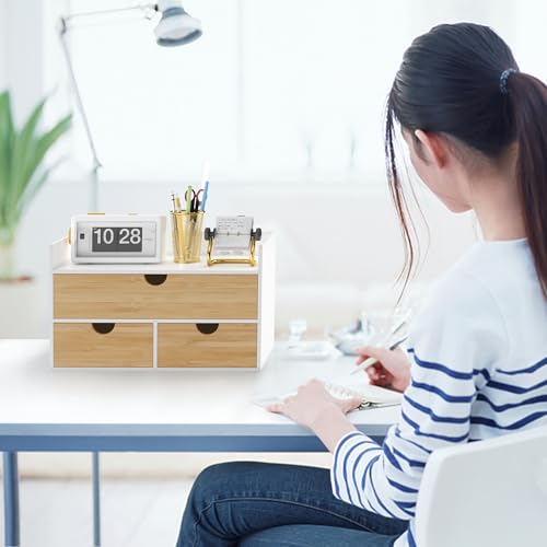 Desk Organizer with Drawers - Bamboo Desktop Organizer Storage | White-Natural Wood Desk Drawers Organizer for Bills, Office Supplies, Cosmetics, Seals No Assembly Required - color: 1 White-Natural, size: 13”L x 6.6”W x7.87”H