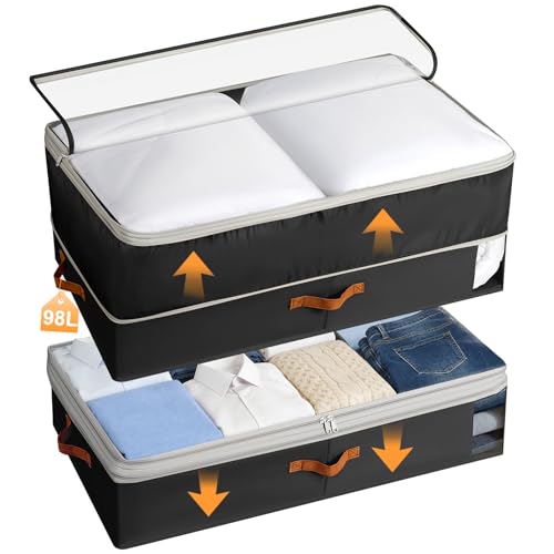 Under Bed Storage Bins - 98L Height-adjustable Under Bed Storage Containers, Compression Blanket Storage Comforter Storage Sweater Storage, Clothes Storage Bins With Clear Window, 2 Pack Black - color: Black, size: 2 Pack