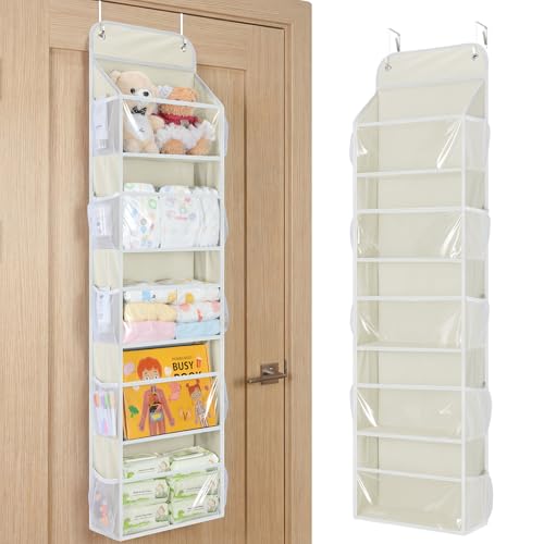 Yecaye 5-Tier Over the Door Organizer Hanging, Toy Stuffed Animal Storage, Behind the Door Storage with 5 Clear View Windows & 10 Side Pockets, Over the Door Storage for Bathroom Closet Nursery, Beige - color: Beige