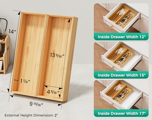 Bamboo Kitchen Drawer Organizer Boxes – 14" x 5" Stackable Wood Silverware Utensil Tray for Drawers Bins Cutlery & Flatware Storage – Wooden Pantry Organizers Set of 2 for Junk Drawer Bathroom Rv - size: 14" x 5" x 2"