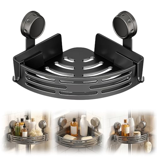Triangle Suction Cup Corner Shelves, 2026 Upgraded No Drilling Bathroom Storage Rack with Hooks, Waterproof Shower Organizer for Bathroom, Corner Shelves for Shower (Black, 1 PCS) - color: Black, size: 1 PCS