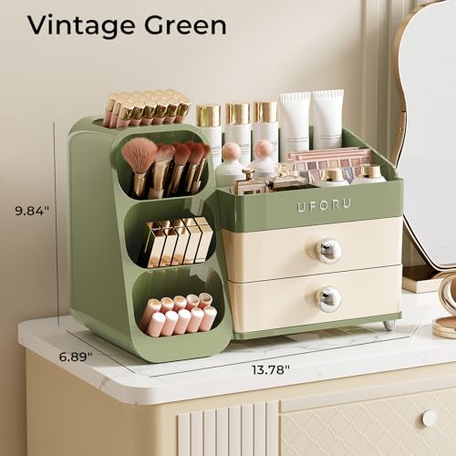 Makeup Organizer for Vanity with Brush Holder, Large Plastic Bathroom Countertop Skincare Organizer with 2 Drawers, Spacious Cosmetic Display Case for Perfumes, Eyeshadow Palettes, Nail Polishes - color: Green, size: Large