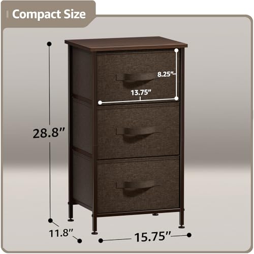 Sorbus Nightstand with 3 Drawers - Bedside Furniture & Night Stand End Table Dresser with Steel Frame, Wood Top, Easy Pull Fabric Bins for Home, Bedroom Accessories, Office & Dorm - color: Brown, style: 3 Drawer