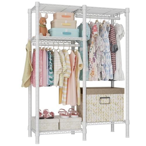 Ulif F1 Garment Rack for Kids, Baby, Students, and Children's Room, 4 Tiers Freestanding and Portable Heavy Duty Closets, Small Metal Clothes Rack with 2 Hanging Rod, 31.2" W x 11.8" D x 48" H, White - color: White