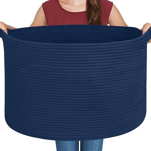 MEGASKET Dark Blue Basket for Organizing, 22" x 14" Extra Large Woven Cotton Rope Laundry Basket, Blanket Storage for Living Room Bedroom, Big Nursery Kids Toy Box Organizer, Pool Towel Storage Bin - color: Dark Blue, size: 22"x22"x14"