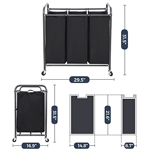 STO STO Laundry Sorter 3 Section, 3 Bag Clothes Hamper, Rolling Laundry Cart Basket with Heavy Duty Lockable Wheels and Removable Bag for Laundry Room, Bedroom, Closet, Black - color: Black, size: 3-Section