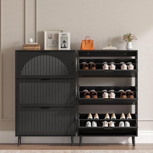 BORNOON Shoe Cabinet for Entryway with 3 Flip Drawers, Slim Wooden Shoe Storage Organizer with Modern Fluted Pannel，Freestanding Narrow Hidden Shoe Rack for Hallway, Foyer, Living Room - color: Black, size: 3 Flip Drawers
