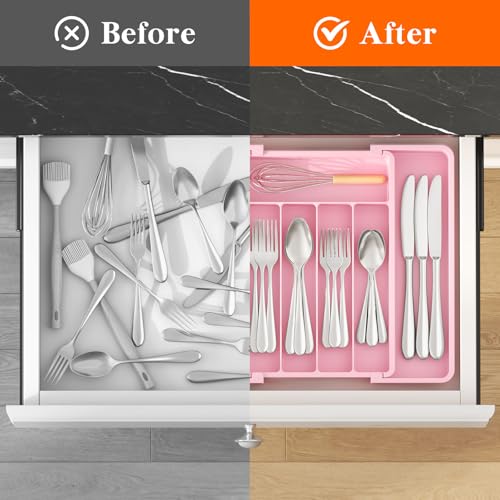 Lifewit Silverware Drawer Organizer, Expandable Utensil Tray for Kitchen, BPA Free Flatware and Cutlery Holder, Adjustable Plastic Storage for Spoons Forks Knives, 8.5"-14.1" x 12.1", Pink - color: Pink, size: Medium (8.5-14''W x 12''D)