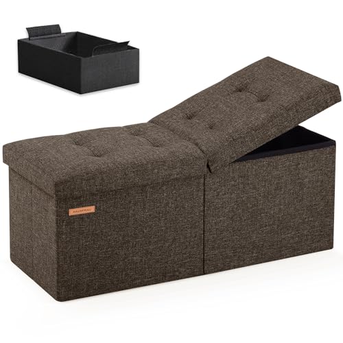 HAUSFRAU 31.5 Inches Ottoman with Storage Bench, Folding Ottoman Bench Small Foot Rest Stool, Bedroom Bench with Flipping Lid, Linen Espresso - color: Espresso, size: 13"D x 31.5"W x 13"H