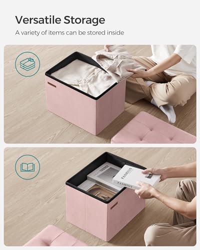 SONGMICS Storage Ottoman, Foldable Small Ottoman Foot Rest, 12.2 x 16.1 Inches Foot Stool, Load up to 286 lb, for Living Room, Bedroom, Dorm, Jelly Pink ULSF200R01 - color: Jelly Pink, style: Velvet