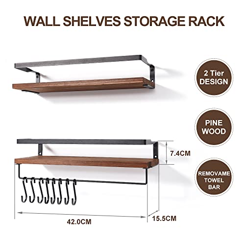 Uten Floating Shelves, Wall Shelf Outdoor, Bathroom Shelves for Wall, Towel Holder 8 Hooks, Kitchen Spice Rack, Storage Organiser Shelf for Bedroom, Bathroom, Living Room, Office - color: Mid Brown