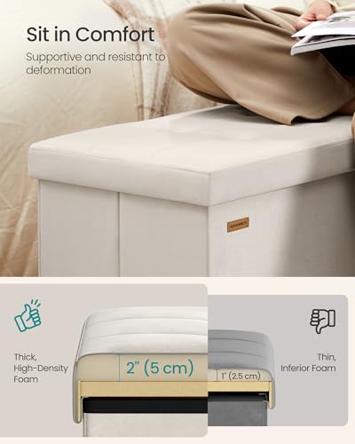 SONGMICS Mazie Collection - 43 Inches Storage Ottoman, Foldable Storage Bench with Flipping Lid, 660 lb Load Capacity, for Entryway, Living Room, Bedroom, Velvet Fabric, Cream White ULSF078LH01 - color: Cream White, size: 15"D x 43"W x 15"H