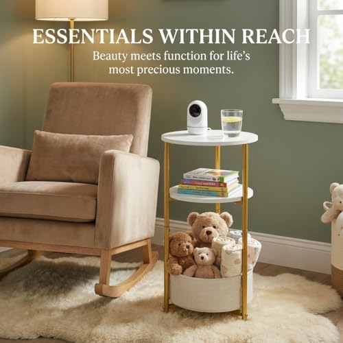 Small Round Side Table with Storage Basket, 3-Tier Narrow End Table Nightstand for Living Room Bedroom, 11.8" Diameter Modern Bedside Table for Small Spaces, Wood Grain & Metal Frame (White & Gold) - color: White & Gold