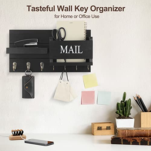 Lwenki Mail Organizer for Wall Mount – Key Holder with Shelf Includes Letter Holder and Hooks for Hallway Farmhouse Decor – Rustic Wood with Flush Mounting Hardware (16.5” x 9.1” x 3.4”) (Black) - color: Black