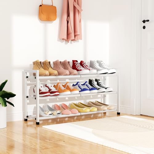 Expandable Shoe Rack for Closet Adjustable Metal Shoe Rack for Entryway 18.5"-33" Free Standing Shoe Organizer 12 Pairs with Hooks 3-Tier Small Shoe Shelf for Bedroom Garage Dorm Floor, White - color: White