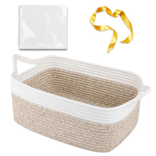 OIAHOMY Woven Basket, Gift Basket Empty with Gift Bags and Ribbons, Rope Baskets for Baby Showers, Storage Baskets with Handles for Nursery, Pet Toy Organizer - Brown & White - color: Brown & White, size: Medium: 13.5L*10W*6H