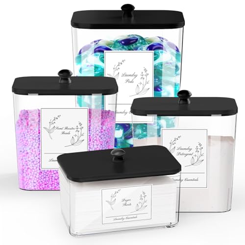 COAZEX 4 Pack Clear Laundry Pods Container & Dryer Sheet Holder, Plastic Square Laundry Room Organization and Storage Jars with Lids, Scoops & Labels for Detergent, Powder, Dryer Balls (Black Lid) - color: A-2+1+1 Pack(Black Lid)