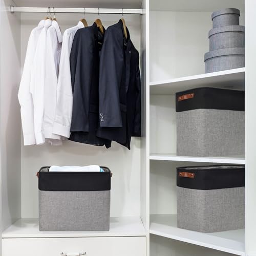 Bagnizer Large Fabric Storage Baskets | 50L Storage Bins, Decorative Linen Closet Baskets with Handles for Organizing, Shelf, Toys, Clothes, Home, Office, Nursery, 17x12x15Inches (Gray&Black) - color: Gray / Black, size: Extra Large -17"x12"x15"