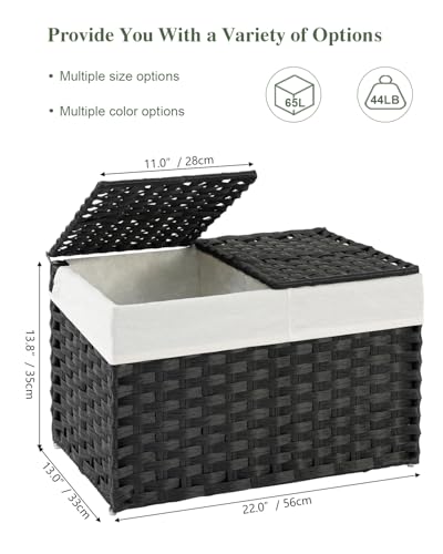 SETVSON Storage Basket with Lid Rattan Woven Storage Baskets with 2 Separate Lids, 17.2 Gallon (65 L), Wicker Storage Bins Foldable, 2 Removable Liner Bags Handles for Bedroom, Laundry Room Black - color: Black, size: 65L-22L*13W*13.8H