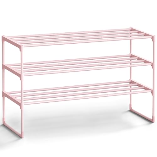 SONGMICS Shoe Rack, 3-Tier Shoe Organizer, Metal Storage Shelf, Upright or Upside Down, for 16-20 Pairs, Stackable, for Entryway, 11.8 x 36.2 x 21.7 Inches, Jelly Pink ULSA303S01 - color: Jelly Pink, size: 3 Tiers (36.2"W)