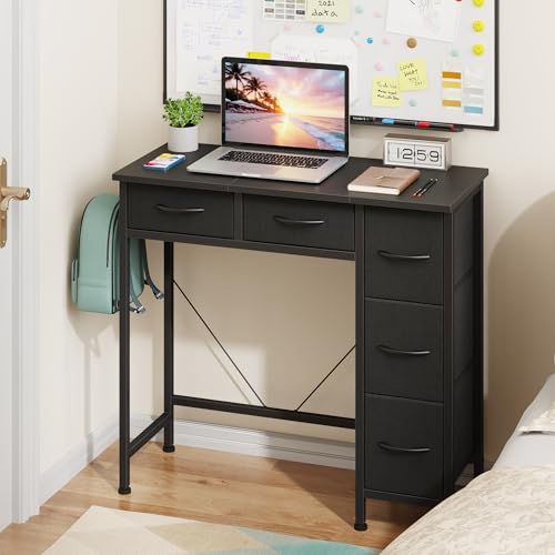 HIGDBFE Small Desk with 5 Fabric Drawers, 33 Inch Writing Desk for Home Office, Simple PC Desks for Small Place, Kids Girls Teen Study Table Vanity for Bedroom, Dorm, Black, 14" D - color: Black
