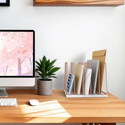 LEKETREE Rose Gold Desk File Organizer, 5-Section Upright File Sorter, Vertical File Folder Holder, Mesh Metal Wood Office Desktop Organization for Document, Magazine, Books and more (Rose Gold) - color: White and Rose Gold