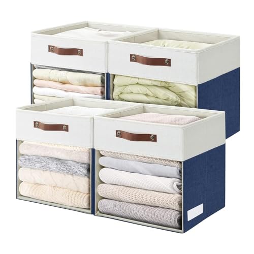 Bagnizer Storage Cubes, 4 Pack Linen Foldable Storage Bins (13 x 13 inch) with Clear Window and Handles, Fabric Organizer for Shelf Closet, Clothes, Books - (Navy Blue and White) - color: Navy Blue / Off-White, size: 13 x 13 x 13