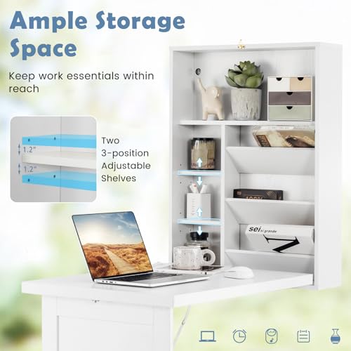 Tangkula Foldable Wall Mounted Desk, Floating Table with Storage Shelves & Hooks, Space-Saving Fold-Up Murphy Desk for Small Spaces, Home Office, Dorm Room - color: White