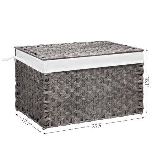 Wicker Storage Basket with Lid, 42.3 Gallon (160L) Large Blanket Basket with Lid, Woven Storage Bin with Handles, Removable Liner, Metal Frame, Foldable, for Bedroom, Laundry Room, Grey - color: Grey, size: 160L:17.7 x 29.9 x 18.1 Inches