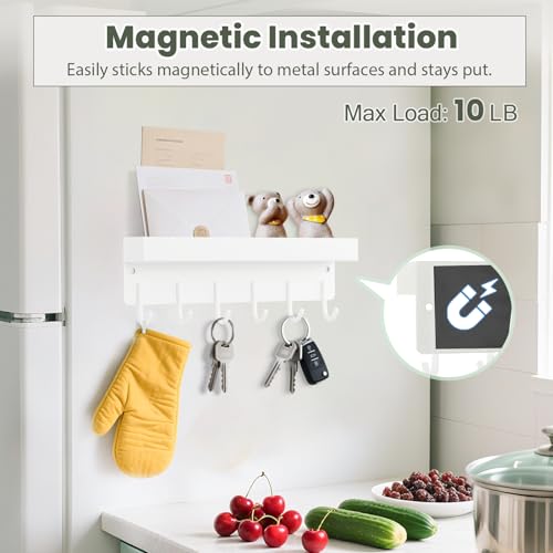 Magnetic Key Holder Wall Mount, Small Metal Key Rack with Tray, 9.6 Inch, 6 Hooks, 2 Installation Options, White - color: White