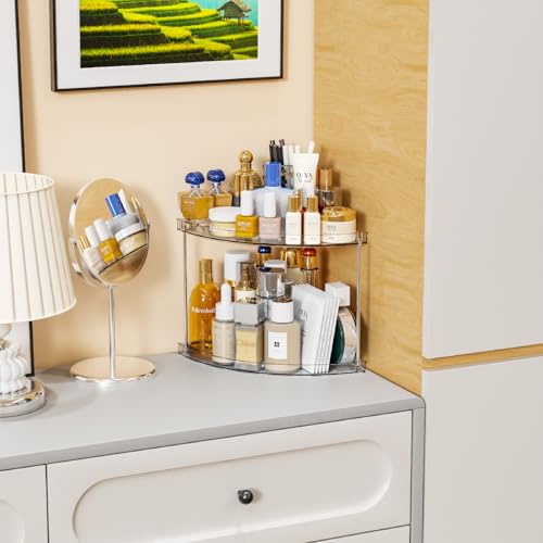Yieach Clear Corner Bathroom Counter Organizer,2Tier Tiered Countertop Corner Shelf for Perfume,Beauty Products,Makeup Organizer,Skincare Organizers,Vanity Storage Tray for Bedroom,Bathroom Sink Shelf - style: Triangular