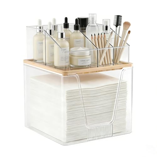 2 in 1 Disposable Facial Towel Holder and Cosmetic Organizer, Clear Storage with Bamboo Lid Compatible with Clean Skin Club Towel XL, Stackable Vanity Organizer for Bathroom Vanity Counter, 2 Tier