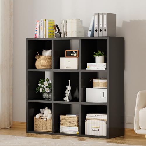 COMHOMA 9 Wood Cube Storage Organizer with Open Back and Removable Back Panels, 11In Black Cube Storage Bookshelf, Cubicle Shelf Bookcase for Home Office Bedroom Living Room, Vertical or Horizontal - color: 9 Cube Black
