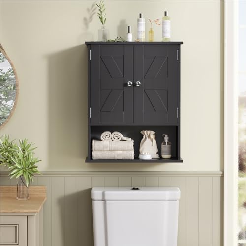 TEENFON Bathroom Wall Cabinet, Over The Toilet Space Saver Storage Cabinet with Barn Doors & Adjustable Shelf, Hanging Medicine Cabinet, Black UNGGX003HV1 - color: Black