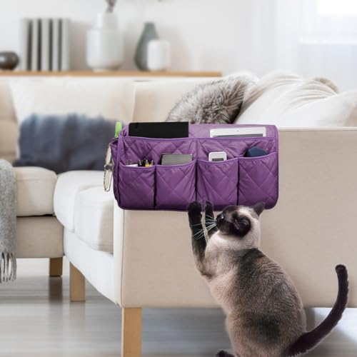 Sofa Armrest Organizer,Couch Remote Control Holder with 14 Pockets Waterproof Non Slip Recliner Organizer for TV Remotes Caddy, Book, Magazines, Ipad (Purple) - color: Purple