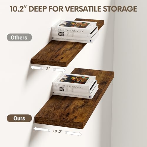 Vivelove 10 Inch Deep Floating Shelves 24 inch Long, 24 x 10 Wide Wall Shelves with Invisible Brackets, for Bedroom Bathroom Living Room Kitchen Office, Farmhouse Home Decor, Set of 2, Rustic Brown - color: Rustic Brown, size: 23.6”Wx10.2”Dx1.5”H