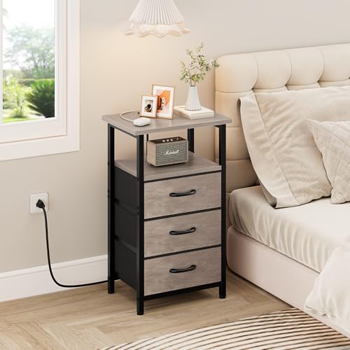 Vagusicc Nightstand with Charging Station, Bedside Table with USB Ports and Outlet, End Table Side Table with 3 Fabric Drawers and Storage Shelf, Bed Side Table Night Stand for Bedroom, Greige - color: Greige, size: 1 Piece, style: Ordinary