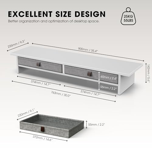 Fenge Monitor Stand with Drawer, 2 Tiers Dual Monitor Riser for Desk, 35 Inch Computer Stand for 2 Monitors, Desk Shelf for Home, Office, Laptop, PC, TV, Printer - color: White