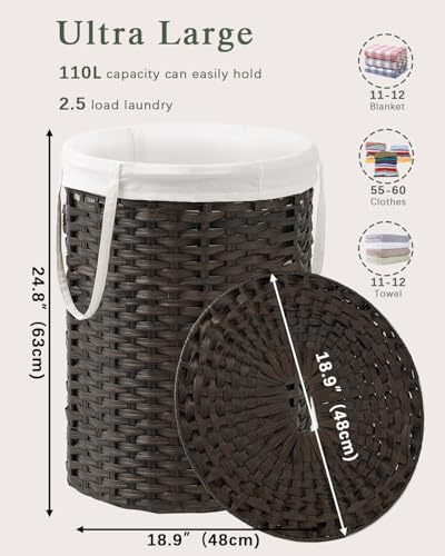 SETVSON Laundry Basket with Lid Round Rattan Laundry Hamper with Lid and Handles 29.1 Gal (110 L) Handwoven Woven Basket with Removable Bags and 2 Mesh Bags for Bathroom Living Room Brown - color: Brown, size: 110L